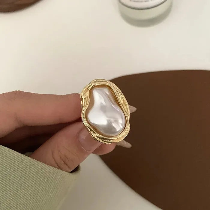 Vintage Geometrical Baroque Pearl Adjustable Ring for Women Fashion Jewelry