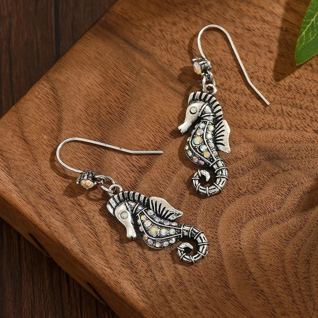 Silvery Metal Seahorse Drop Earrings with Blue Zircon for Women, Party Jewelry