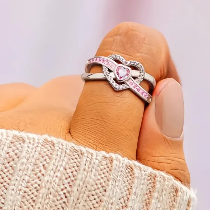 Romantic Pink Heart Cubic Zirconia Wedding Band Ring for Women Gift