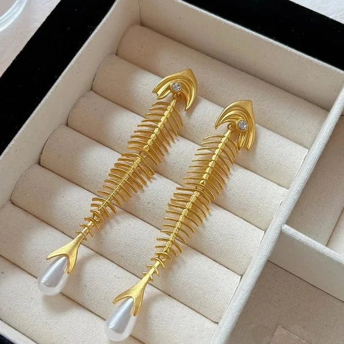 Vintage Fishbone Pearl Drop Earrings Zinc Alloy Punk Jewelry Gift for Women