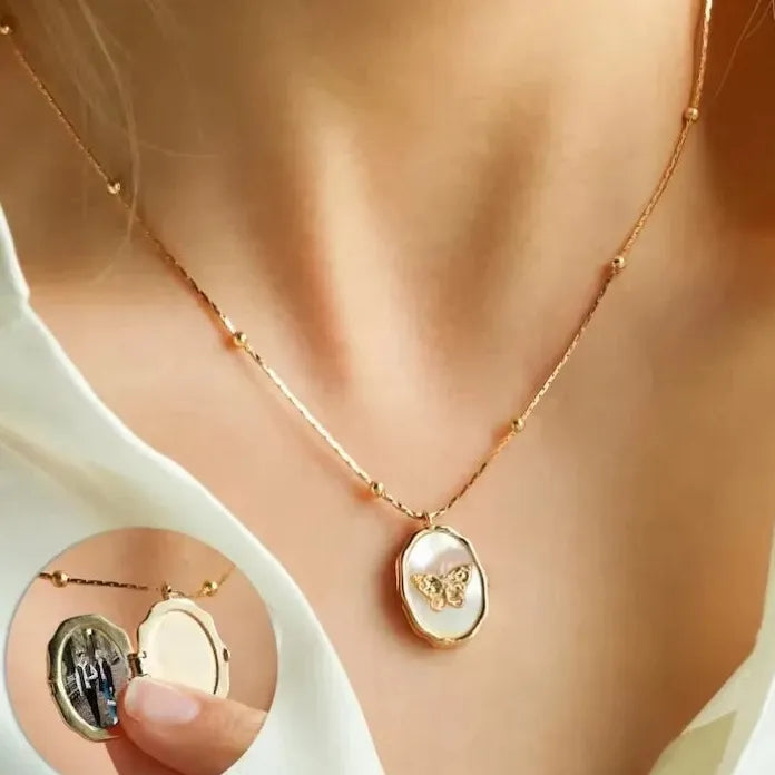 Custom Butterfly Shell Photo Locket Necklace Women Stainless Steel Vintage Memorial Jewelry Mother's Day Gift