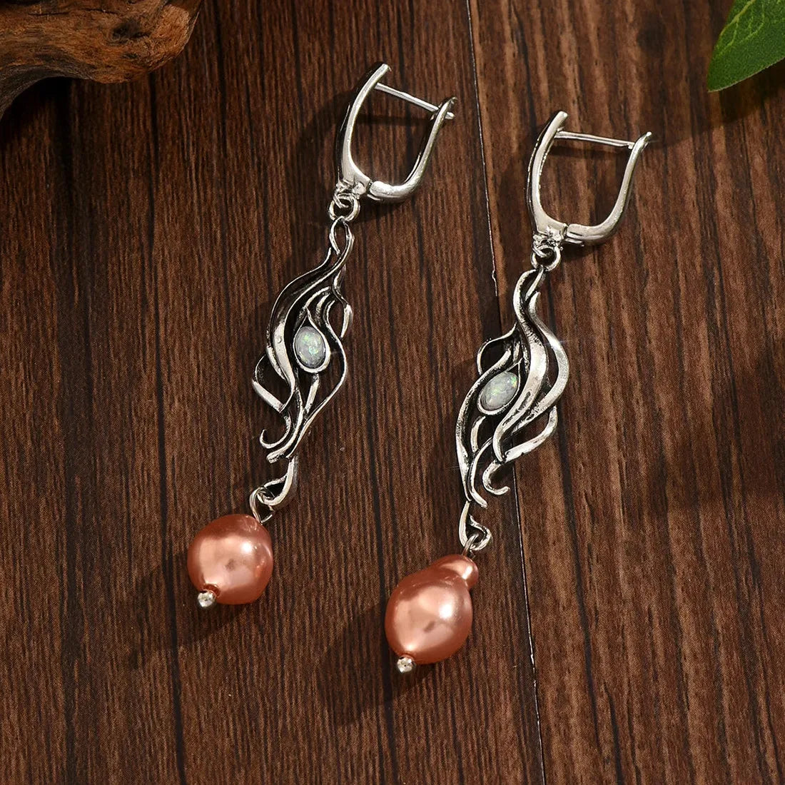 Silver Bohemian Opal Pendant Drop Earrings Copper Metal Elegant Jewelry Gift