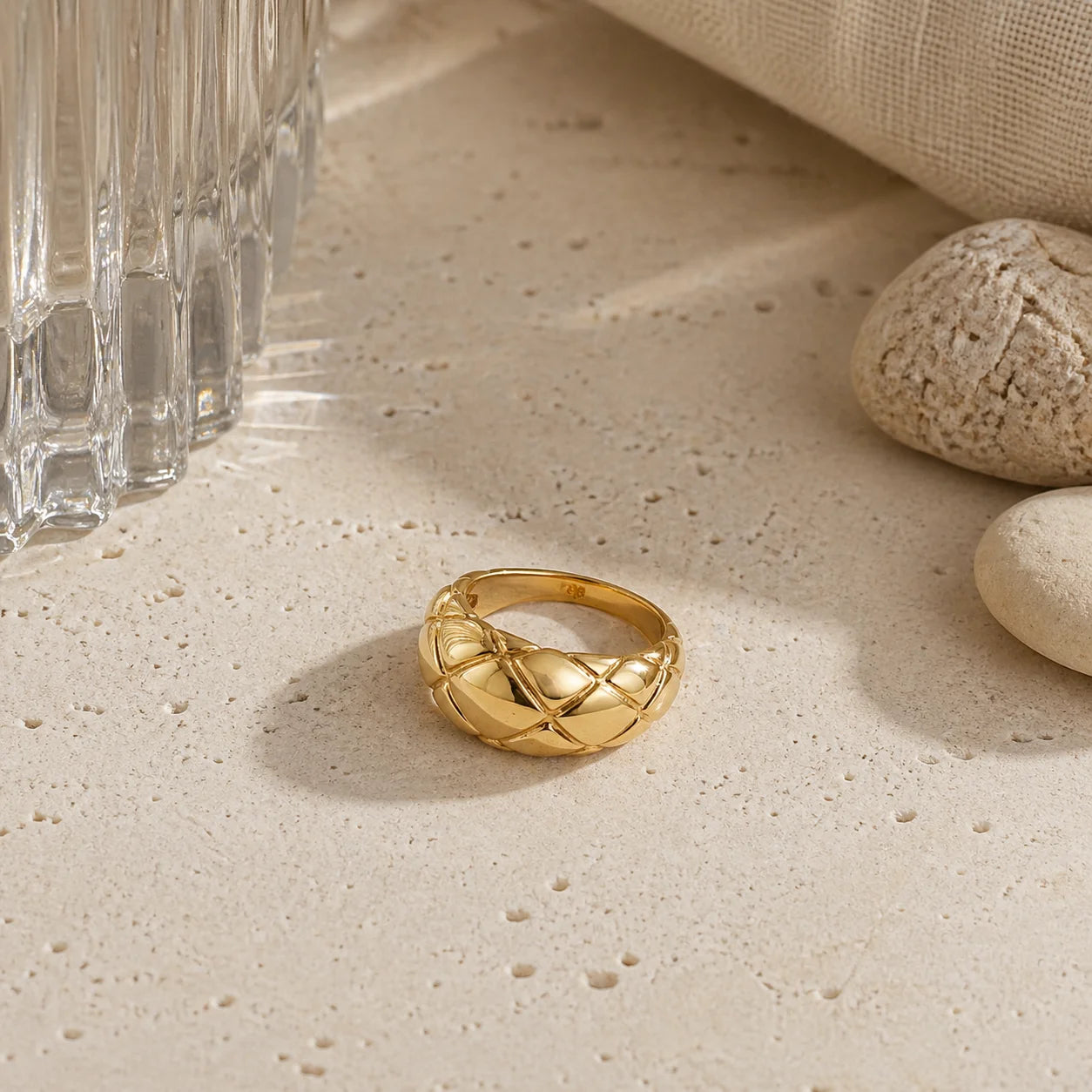Gold Plated Quilted Dome Copper Ring Geometric Chunky Band for Women Gift