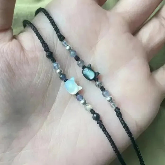 2Pcs Handmade Natural Moonstone Couple Bracelets Black White Cat Jewelry Gift
