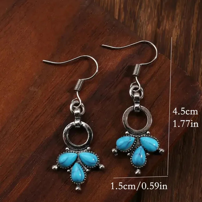 Retro Clover Turquoise Pendant Drop Earrings for Women Zinc Alloy Jewelry