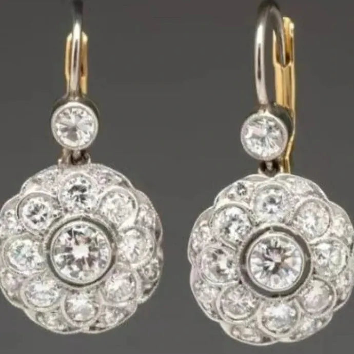 Vintage Elegant Flower Inlay Silver Zircon Drop Earrings for Women Party Jewelry
