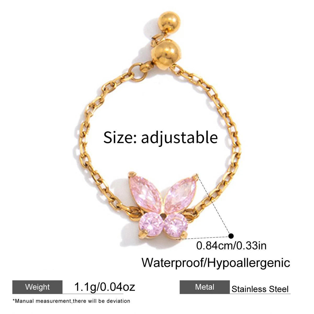 18k Gold Plated Stainless Steel Butterfly CZ Adjustable Geometric Ring for Women