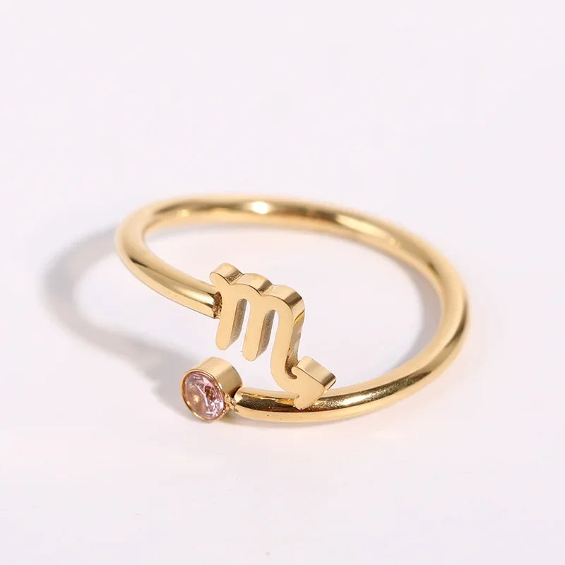 12 Constellation Symbol Adjustable 18K Gold Plated Zircon Knuckle Ring Gift