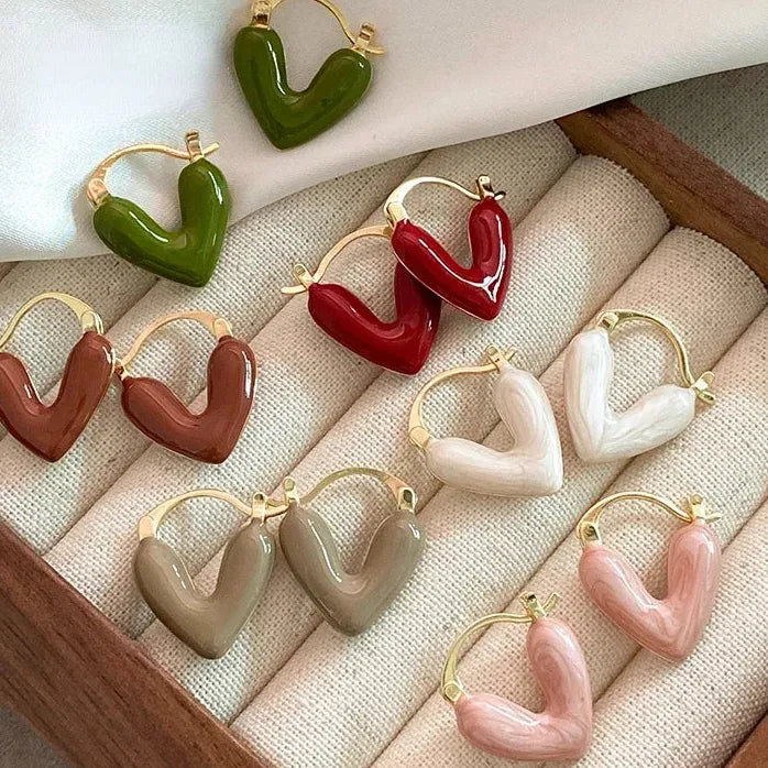 French Romantic Wine Red Enamel Heart Pendant Earrings Copper Alloy Jewelry for Women