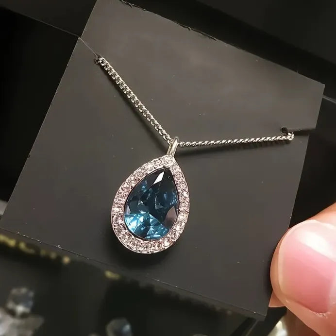 Geometric Drop Pendant Necklace with Bright Blue Zirconia for Weddings