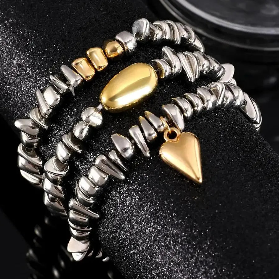 Vintage Heart Shaped Geometric Silver Bead Stretch Bracelet for Women Gift