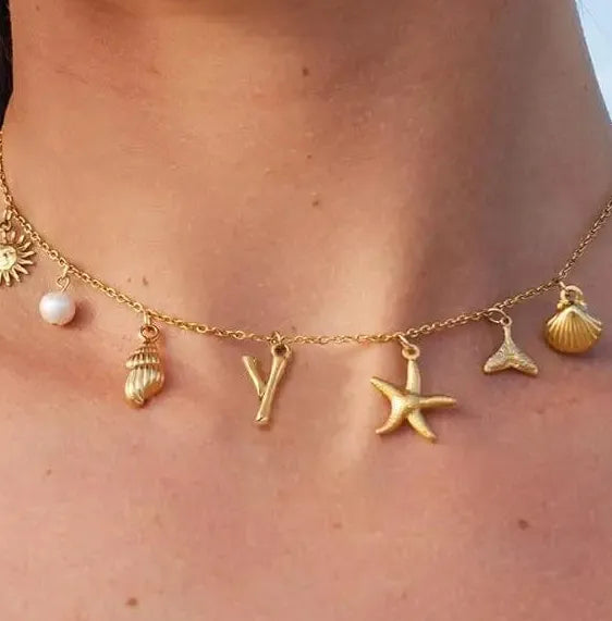 Copper Surfer Girl Seashell Initial Choker Necklace Beach Jewelry Gift