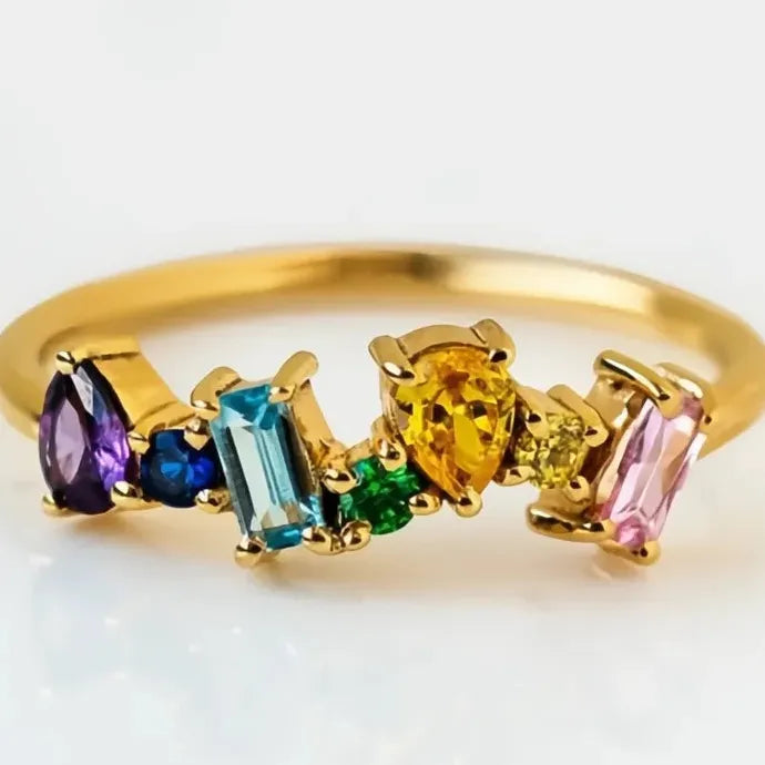 Gold Color Rainbow CZ Geometric Wedding Band Ring for Women Brass Jewelry
