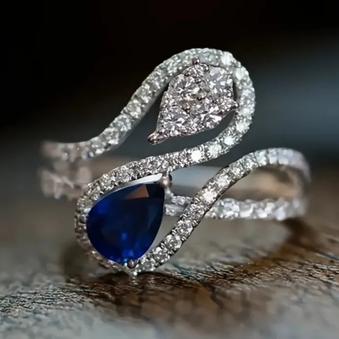 White Blue Water Drop Cubic Zirconia Bridal Wedding Ring for Women
