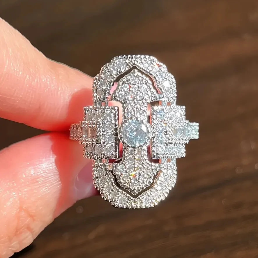 Bridal Geometric Brass Wedding Band with Full Cubic Zirconia for Women
