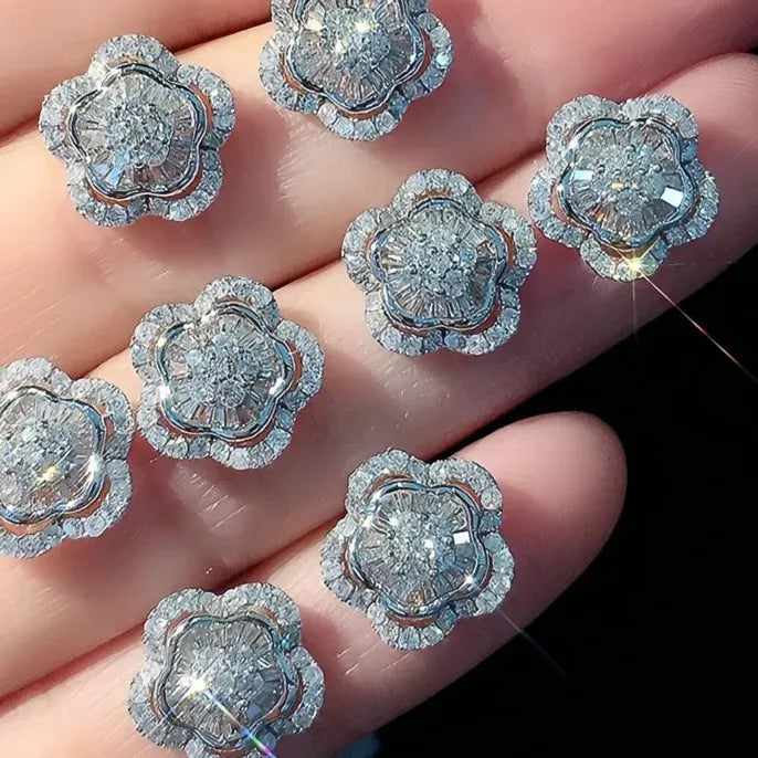 Geometric Silver Flower Cubic Zirconia Wedding Stud Earrings Jewelry