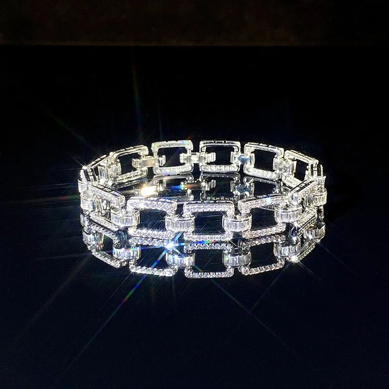 Cubic Zirconia Silver Cuban Chain Bracelet with Geometric Design for Women