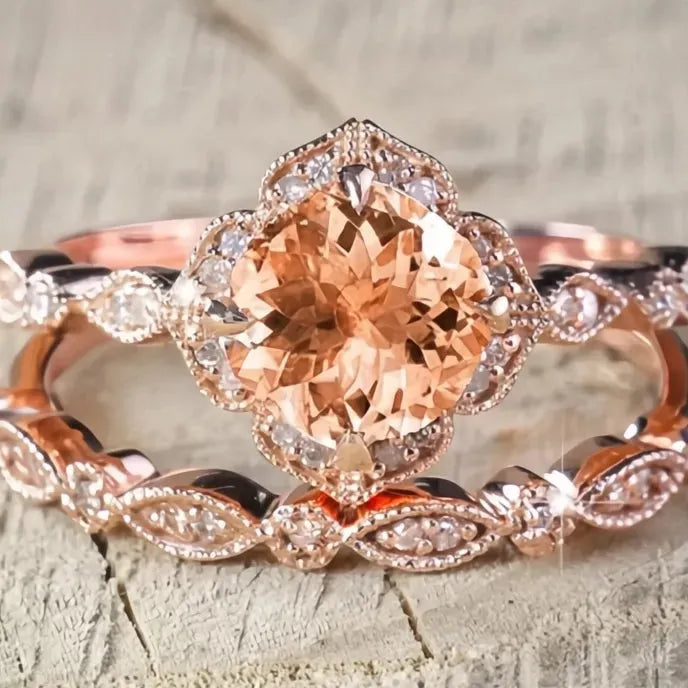 White Champagne Pink CZ 2Pcs Rose Gold Zinc Alloy Wedding Rings for Women Party Jewelry