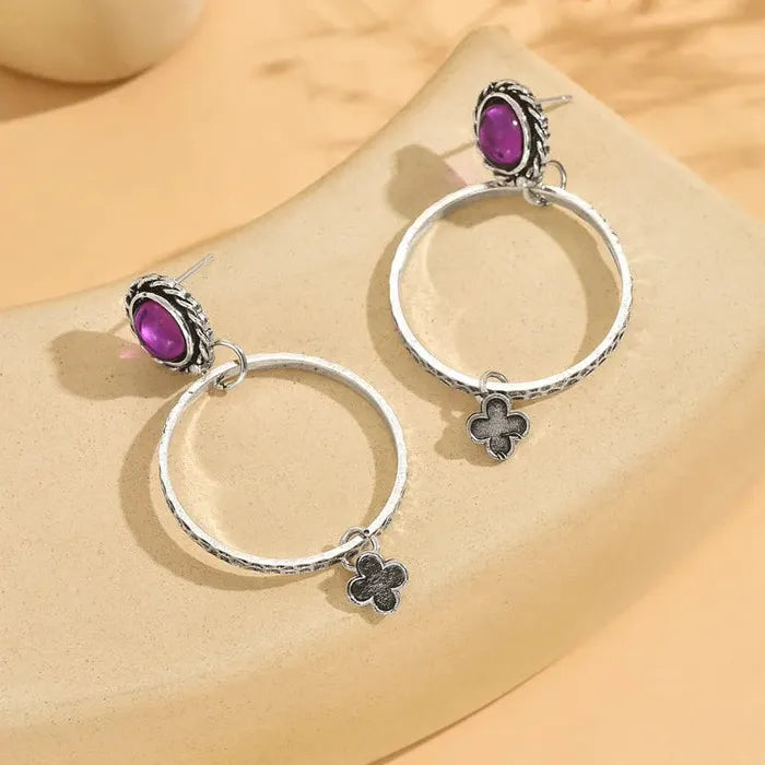 Retro Bohemian Purple Synthetic Stone Drop Earrings Zinc Alloy Women Jewelry