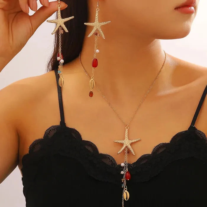 Boho Starfish Shell Jewelry Set Zinc Alloy Crystal Bead Necklace Earrings
