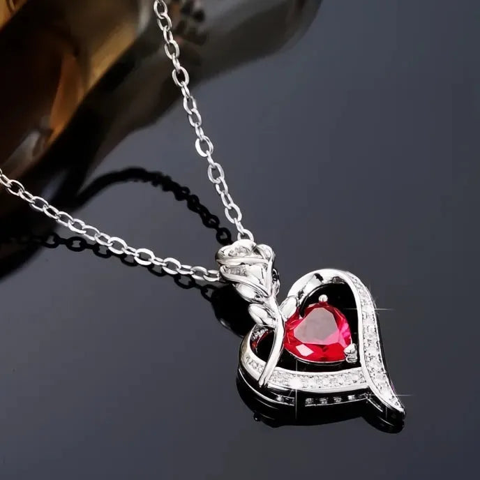 Red Heart Rose Flower CZ Pendant Necklace Copper Alloy Anniversary Gift for Women Mom