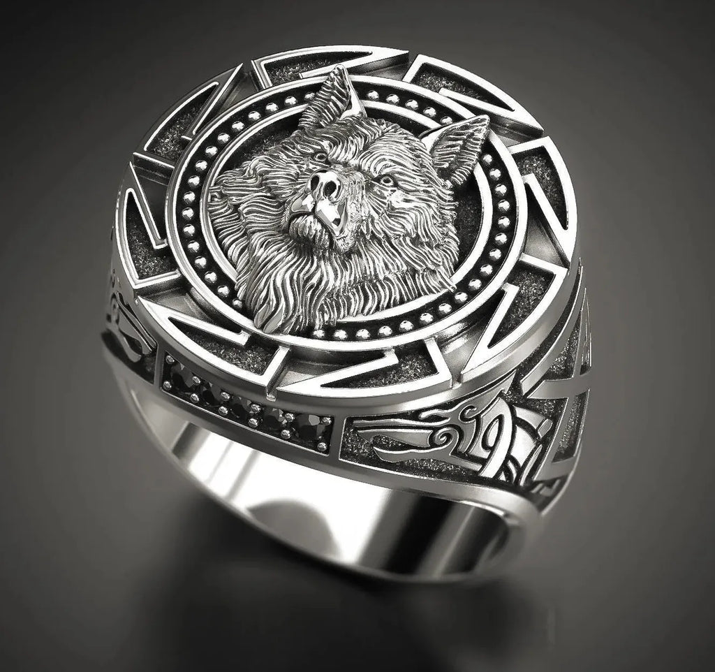 Men's Retro Viking Wolf Head Ring Zinc Alloy Nordic Mythology Geometric Design