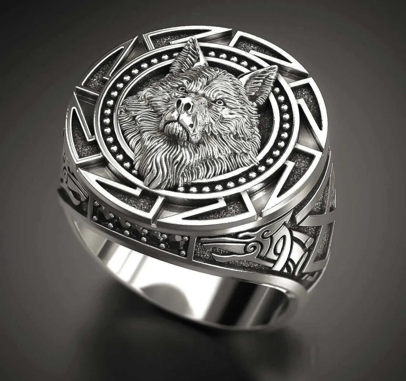 Men's Retro Viking Wolf Head Ring Zinc Alloy Nordic Mythology Geometric Design