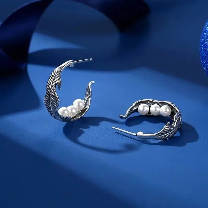 Vintage C-Shaped Feather & Imitation Pearl Earrings Classic Style Jewelry Gift for Women