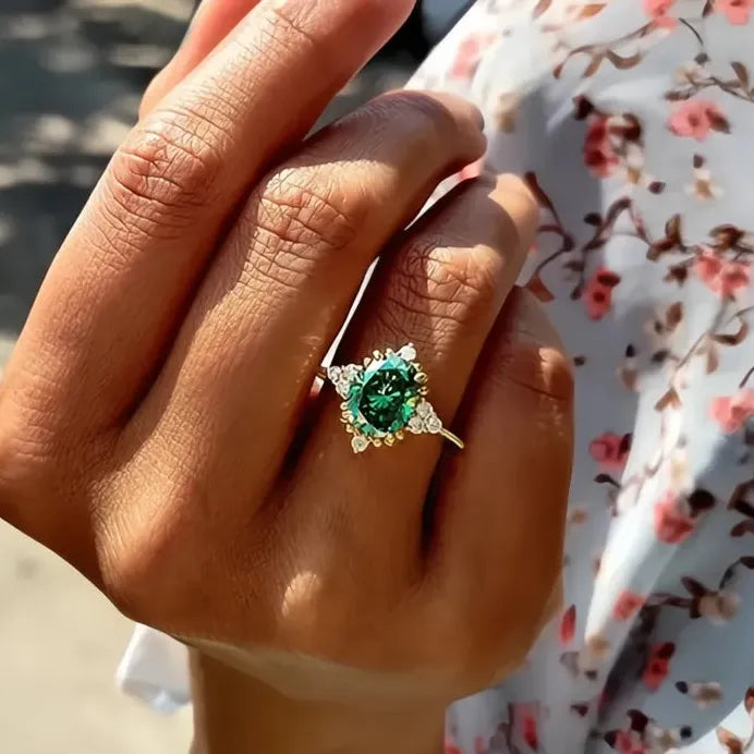 Gold Brass Ring with Green Cubic Zirconia for Women Wedding Party Jewelry