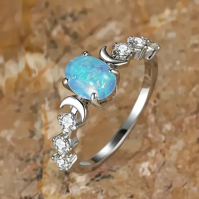 Brass Wedding Ring with Blue White Opal and Cubic Zirconia Gift