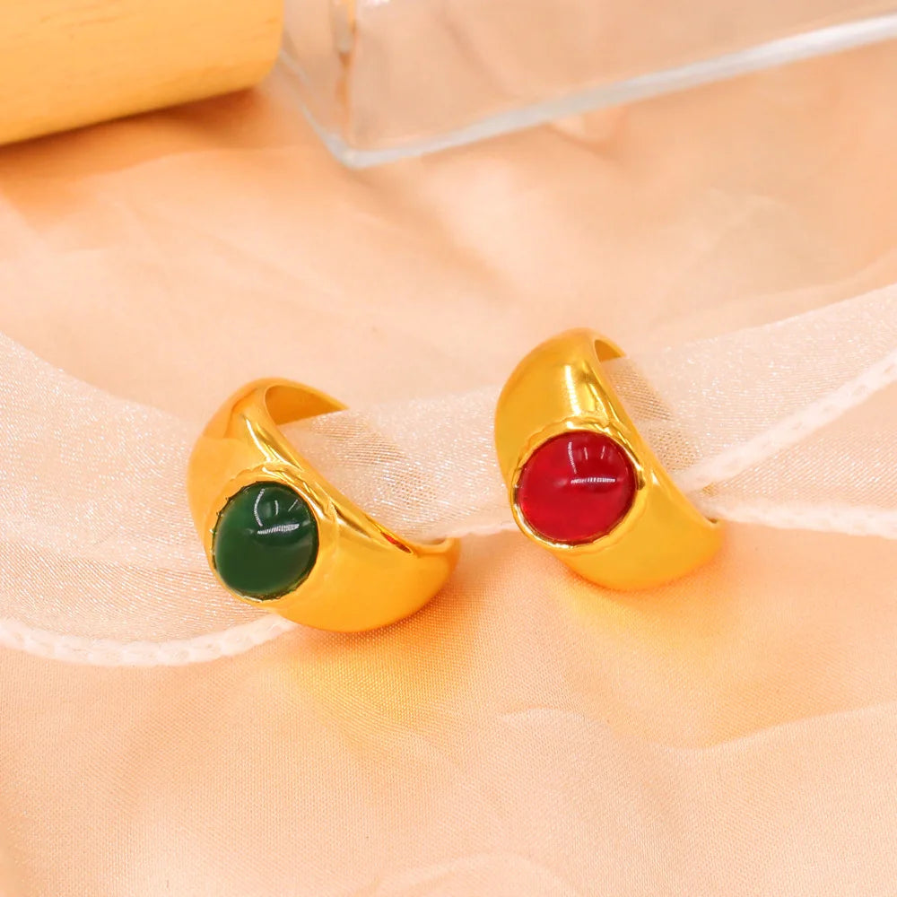 Minimalist Red Crystal Wide Thick Wedding Ring for Women Stainless Steel Gold Engagement Jewelry