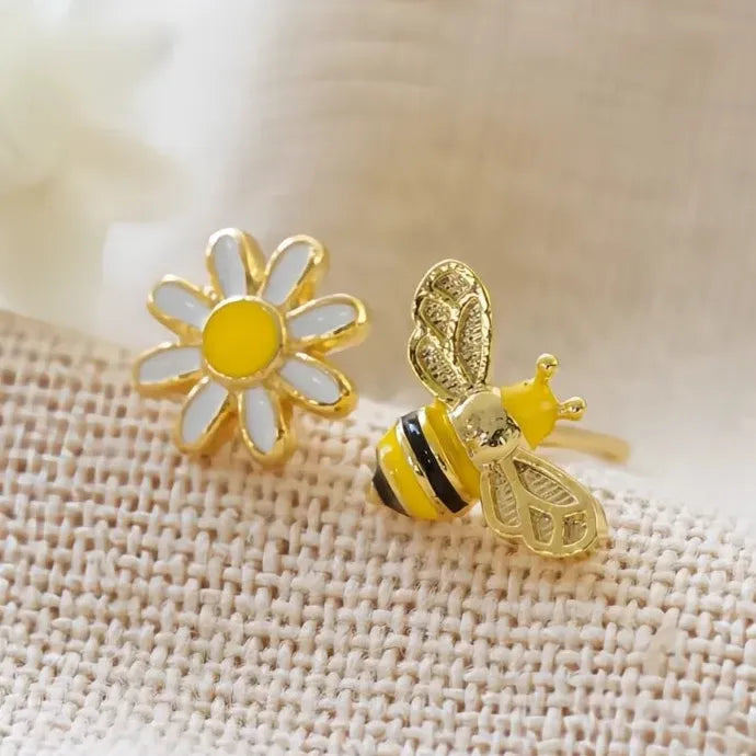 Yellow Bee and Flower Enamel Copper Alloy Stud Earrings Cute Gift Jewelry