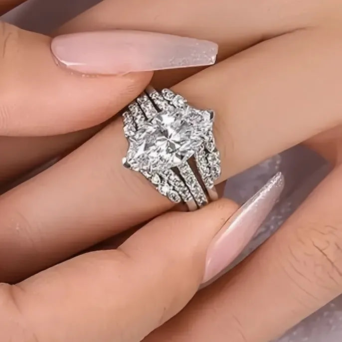 2Pcs Women’s Silver Brass Rings Set with CZ Inlay for Wedding & Party Gift
