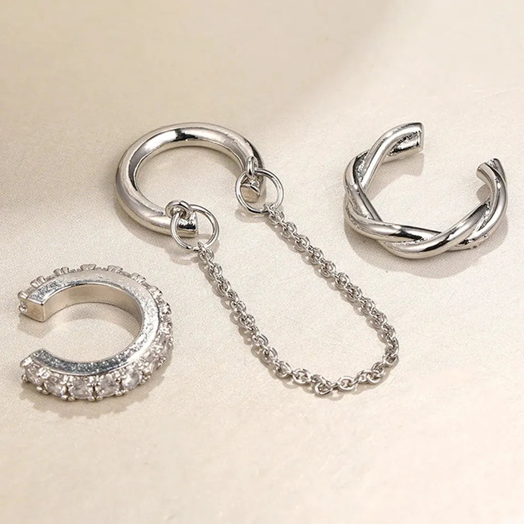 3Pcs Rhinestone Tassel C Shape Clip Earrings Zinc Alloy No Piercing Gift