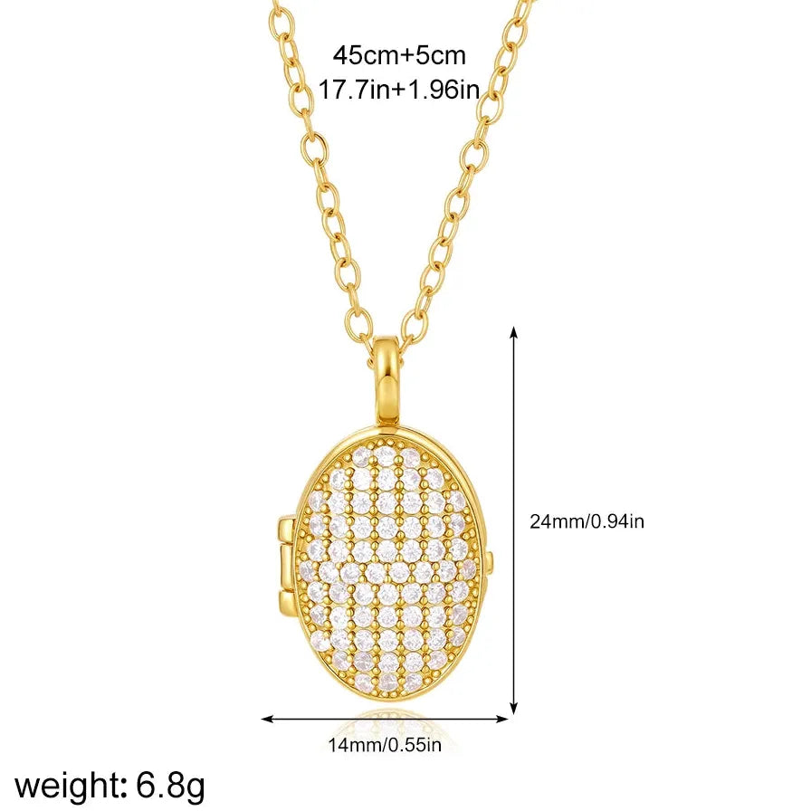 Openable Oval Zircon Photo Frame Pendant Necklace 18K Gold Plated Choker Jewelry