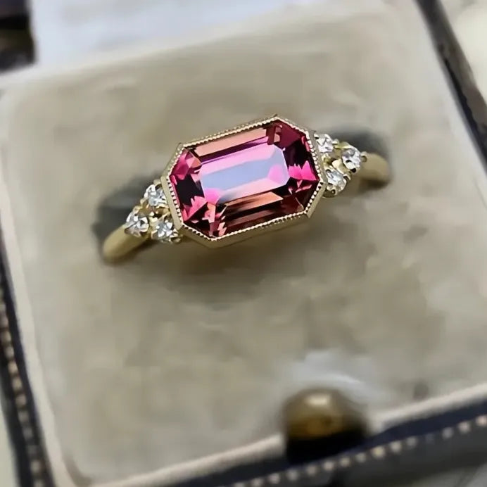 Geometric Gold Color Red Cubic Zirconia Wedding Band Ring for Women Gift
