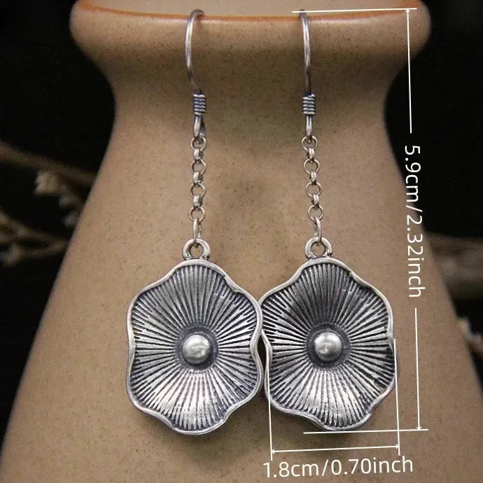 Vintage Silver Flower Earrings Ethnic Metal Round Carving Inlaid Zircon Long Studs