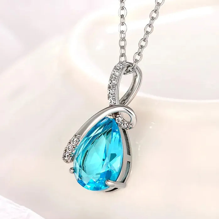 Blue Zirconia Water Drop Necklace for Women Engagement Brass Jewelry
