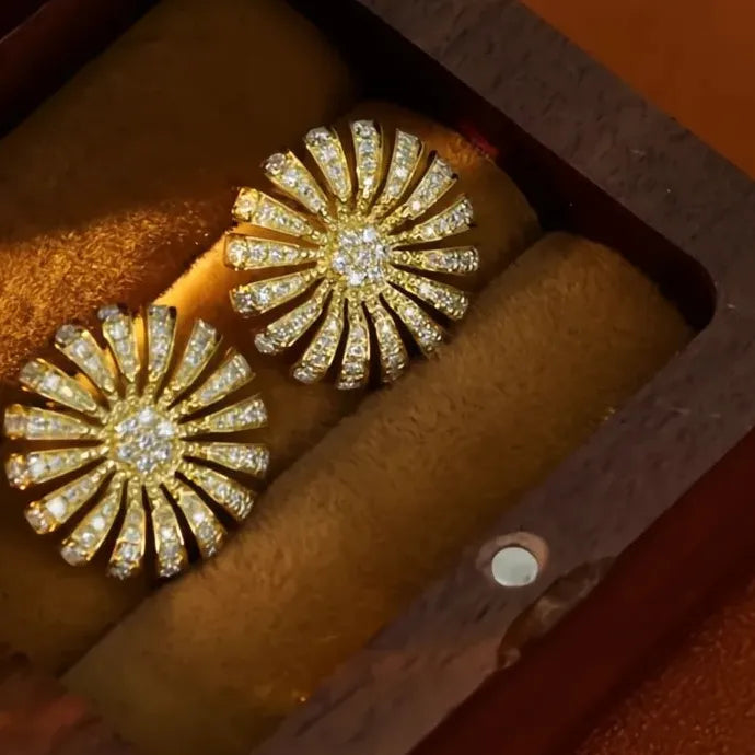 Gold Color Flower Plant Stud Earrings with Bright CZ Cubic Zirconia for Party Engagement