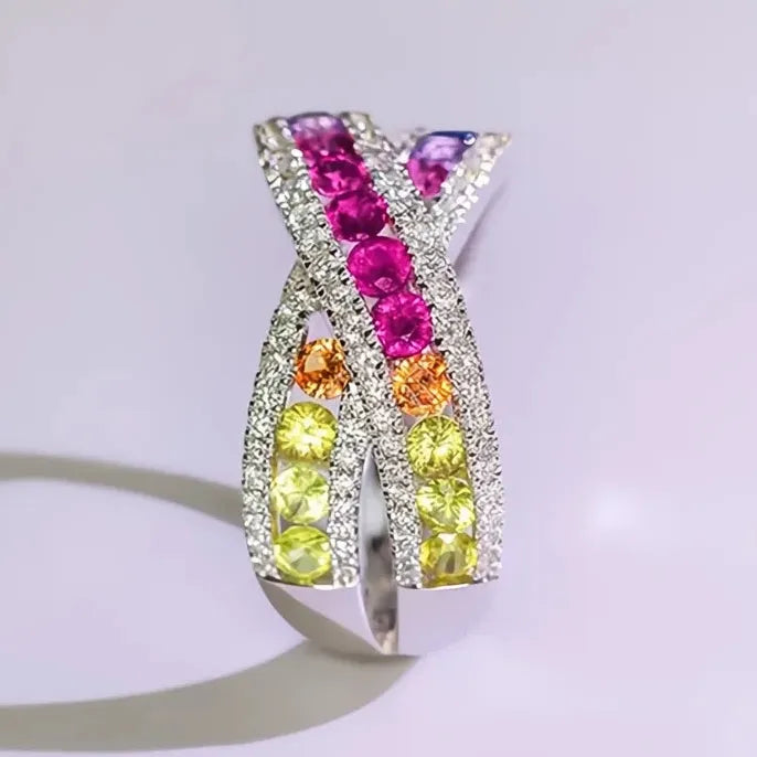 Rainbow Cubic Zirconia Cross Ring Silver Brass Wedding Party Jewelry for Women