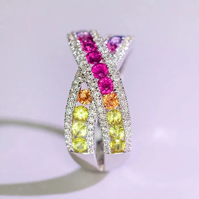 Rainbow CZ Iced Out Silver Cross Ring for Women Wedding Party Jewelry