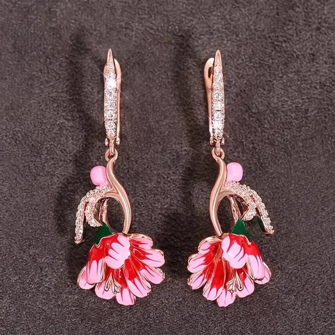 Handmade Pink Flower Geometric Dangle Earrings with Cubic Zirconia Gift
