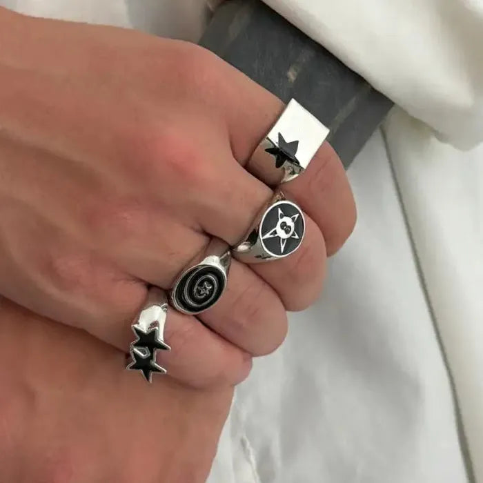 4Pcs Men’s Black Star Wide Hip Hop Geometric Rings Set Adjustable