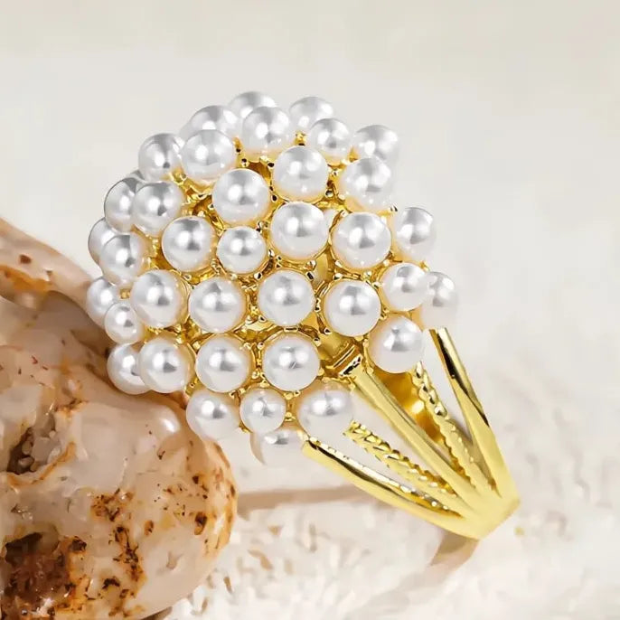 Simulated Pearl Brass Gold Wedding Band Engagement Ring Elegant Jewelry Gift