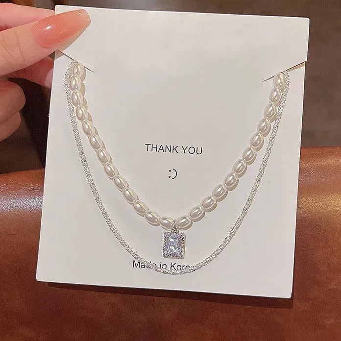 Luxury Double Layer Pearl Necklace with Crystal Pendant Choker Gift