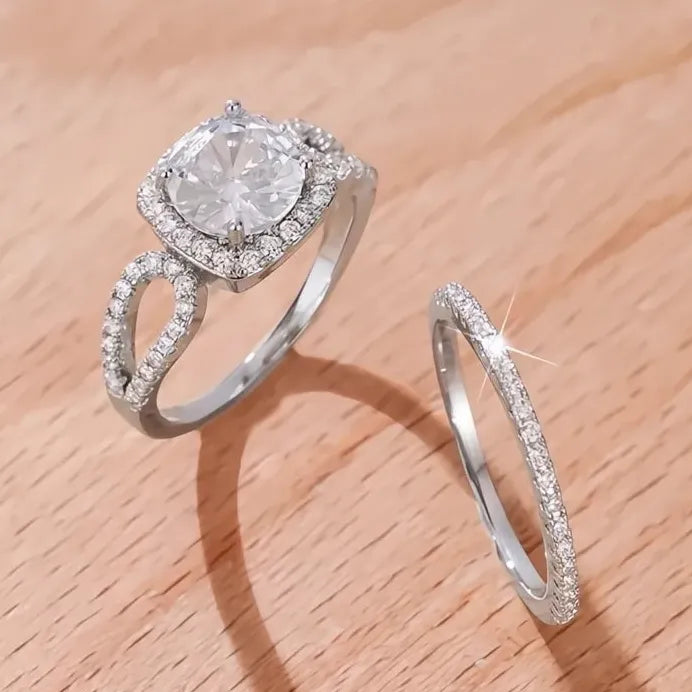 Brass Cubic Zirconia Wedding Band Set Delicate Promise Rings