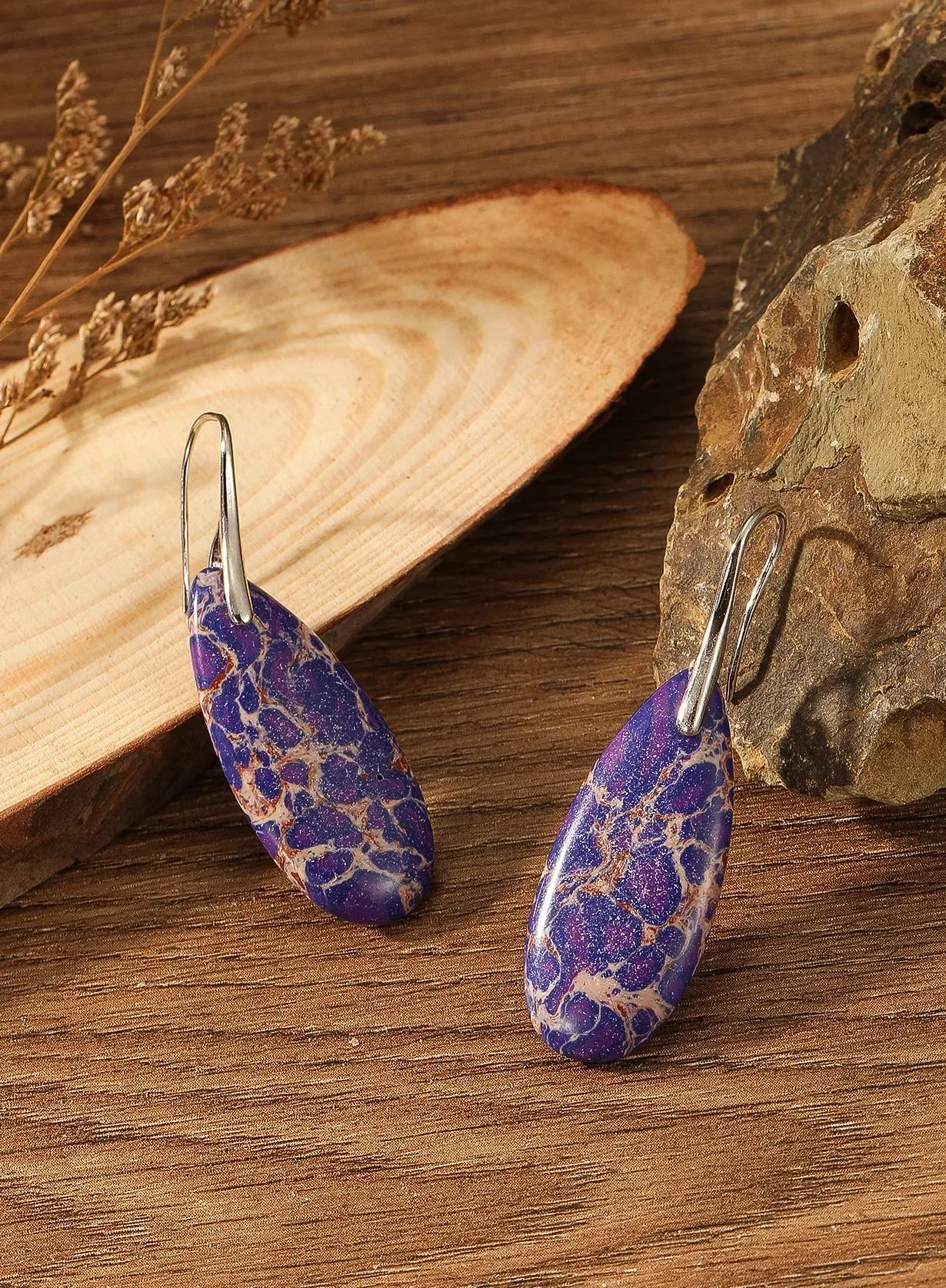 Boho Silver Teardrop Dangle Earrings with Red Jasper Natural Stone for Women