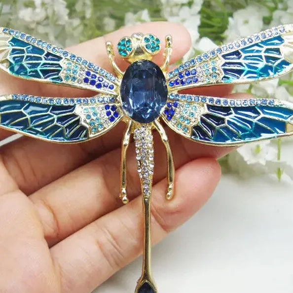 Blue Crystal Rhinestone Dragonfly Brooch Lapel Pin Gift for Women