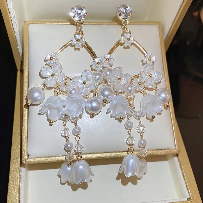 Inlaid Rhinestone Pearl Lily of the Valley Drop Earrings for Women Gift Jewelry