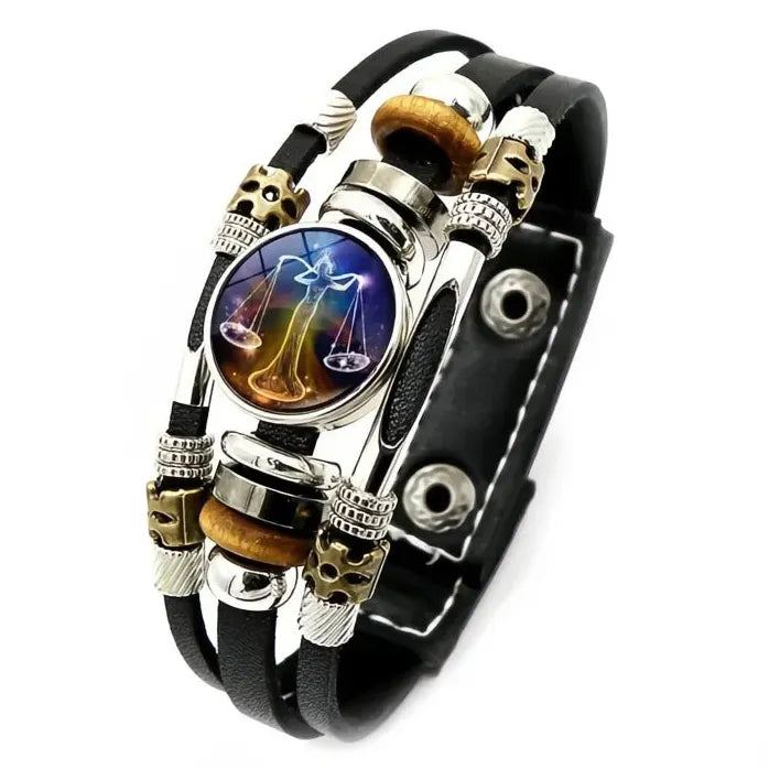 12 Constellation Zodiac Leather Bracelet with Glass Snap Button Unisex